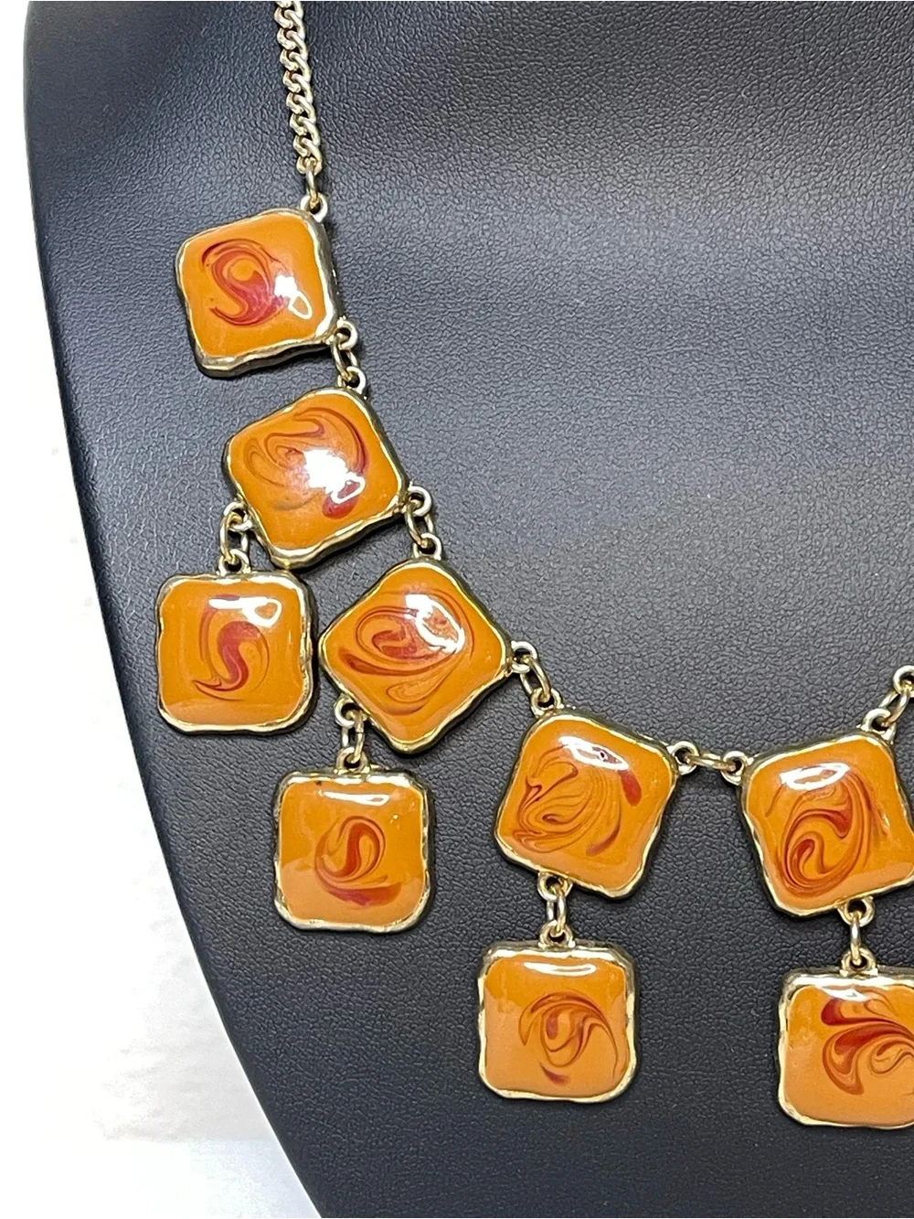 Vintage Acrylic Amber Tile Statement Necklace and Earring Set - Orange Swirl